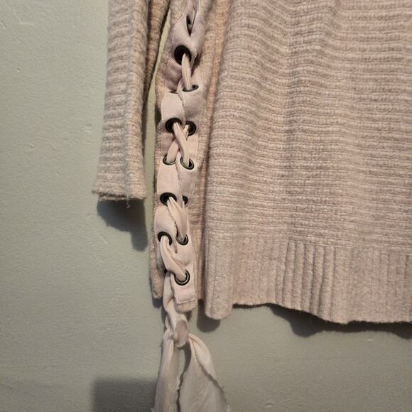 Free People Heart It Laces Long Sweater Womens MED Pink Oversized Boho Coquette - Picture 13 of 14